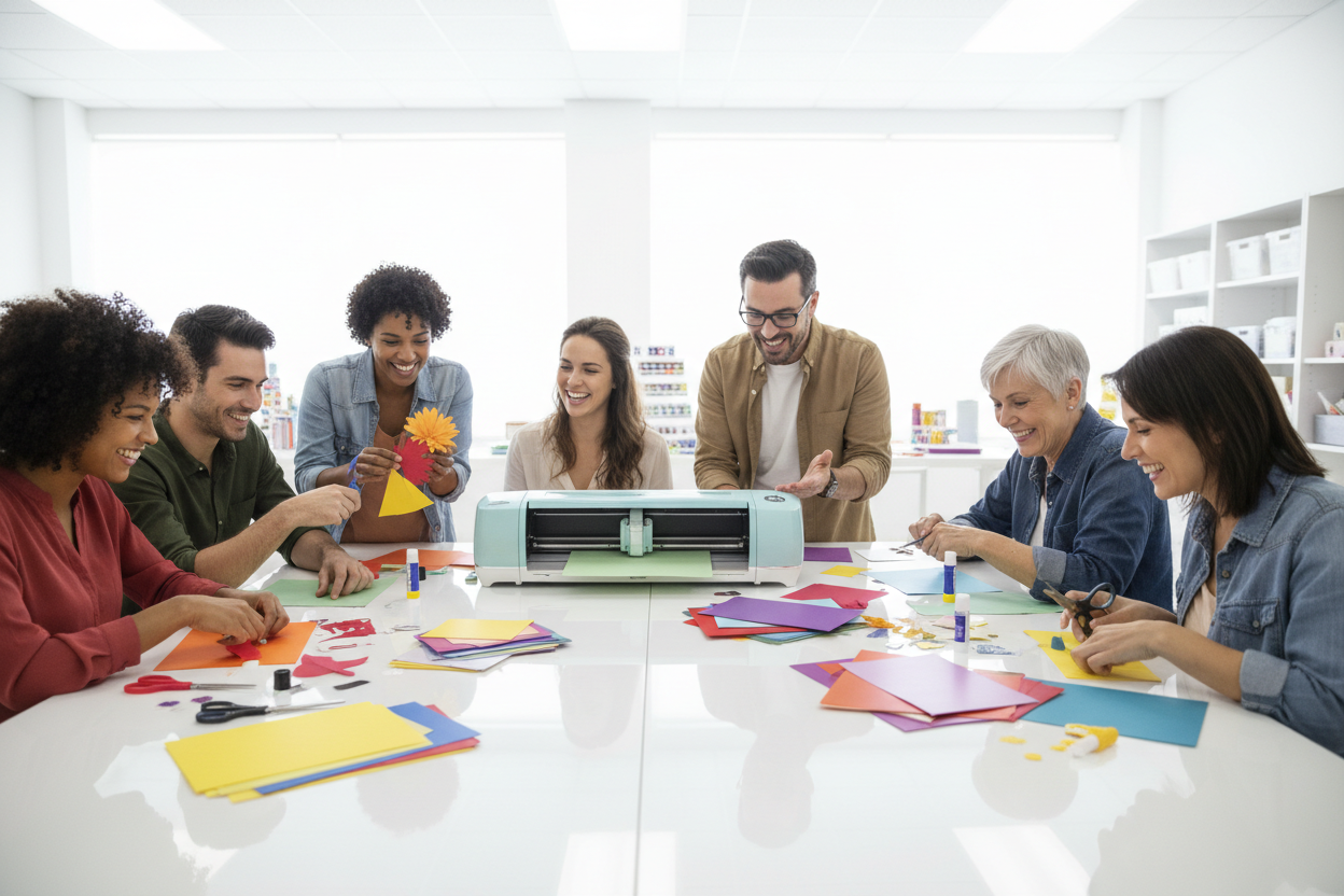 put a cricut cutting machine on the table and make the table white and all white bright lights