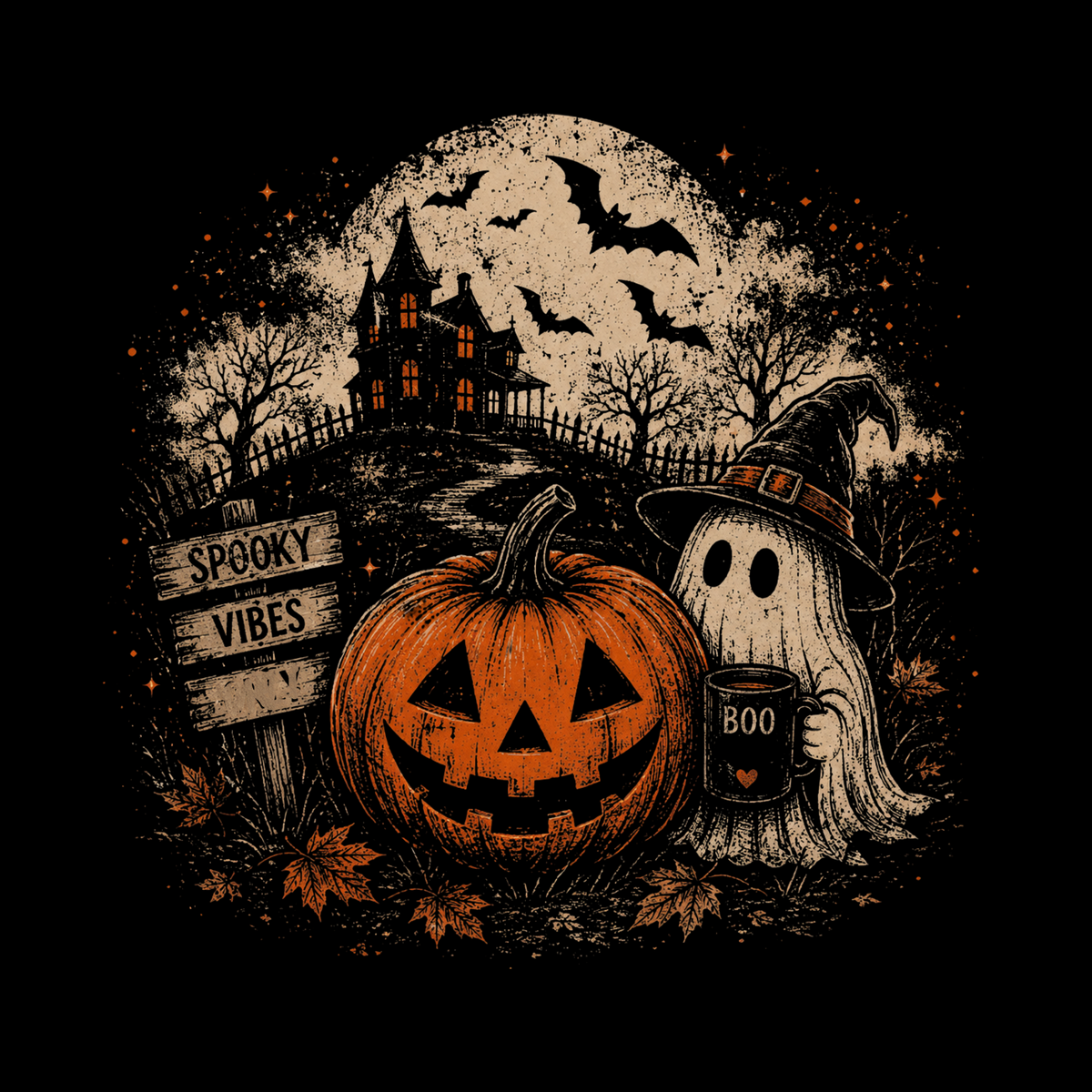 Distressed jack-o-lantern and ghost in witch hat with BOO mug in front of haunted house with Spooky Vibes sign, shown on a black background